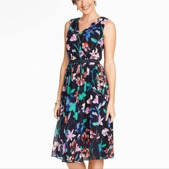 Talbots EUC Women's Navy Floral Chiffon Surplice Neck Sleeveless Dress 16P - Picture 1 of 7